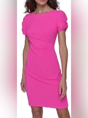Karl Lagerfeld Fuchsia Puff-Sleeve Ruched Sheath Midi Dress
